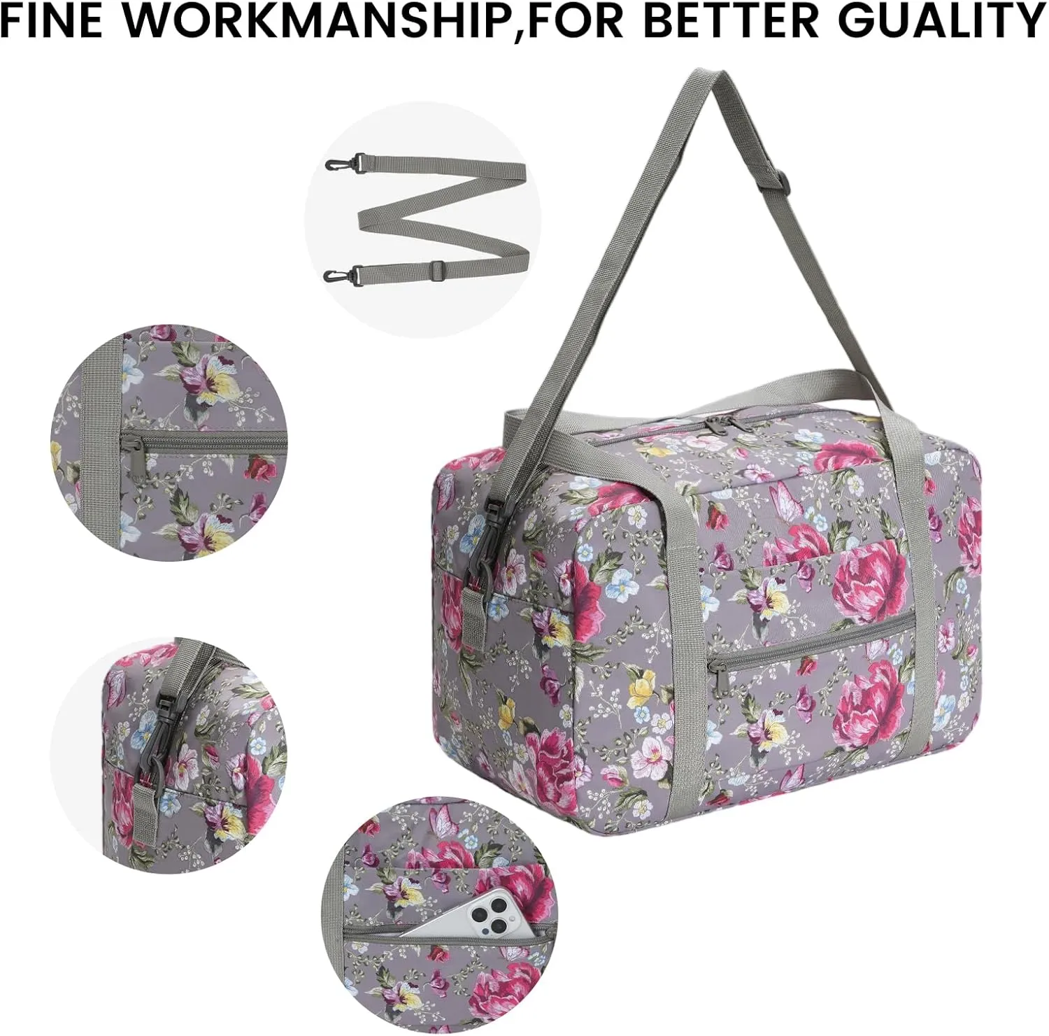 Small Cabin Bag 40x20x25 for Ryanair Airlines Foldable Underseat Travel Bag with Shoulder Strap Lightweight Weekender Duffel Holdall Hand Luggage Bag 20L (Floral Gray)