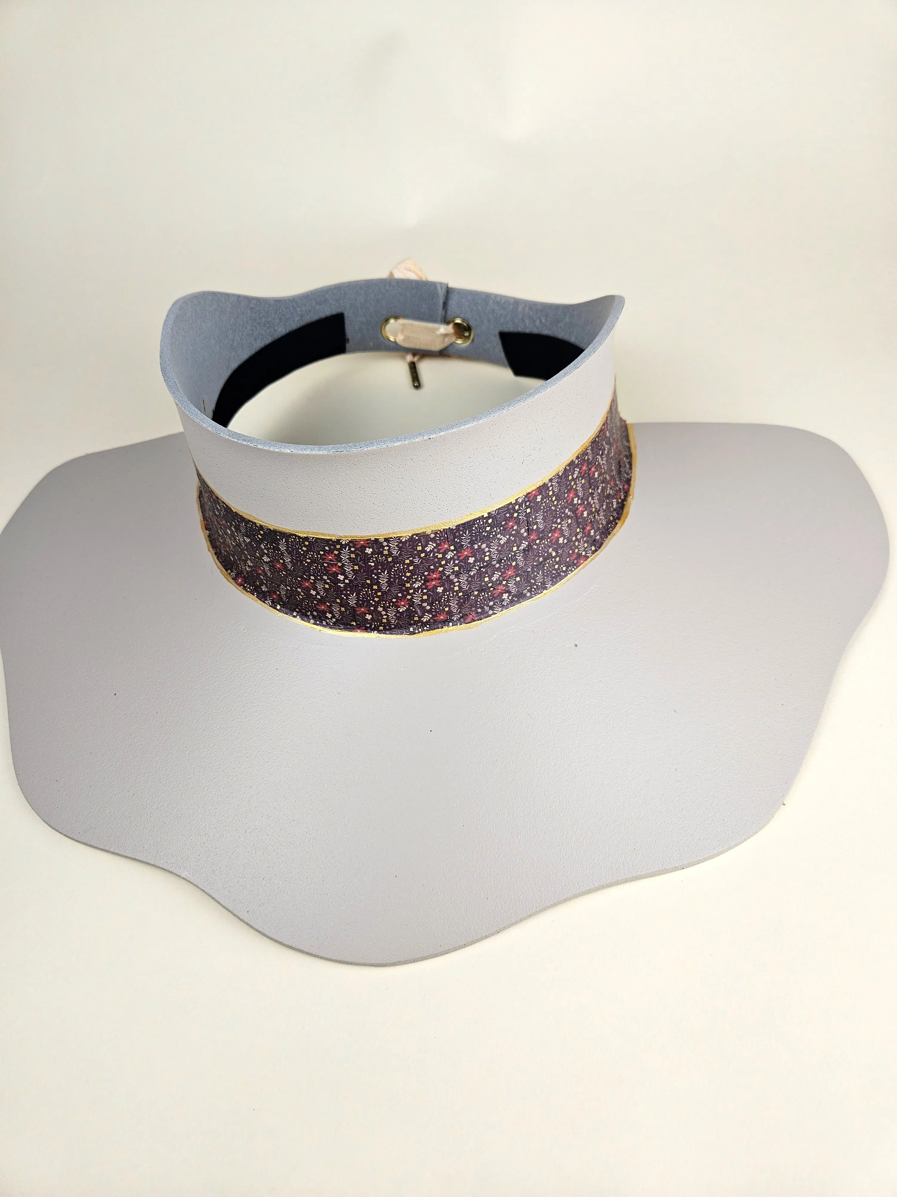 Tall Peach Gray Lotus Visor Hat with Dark Red and Purple Floral Band