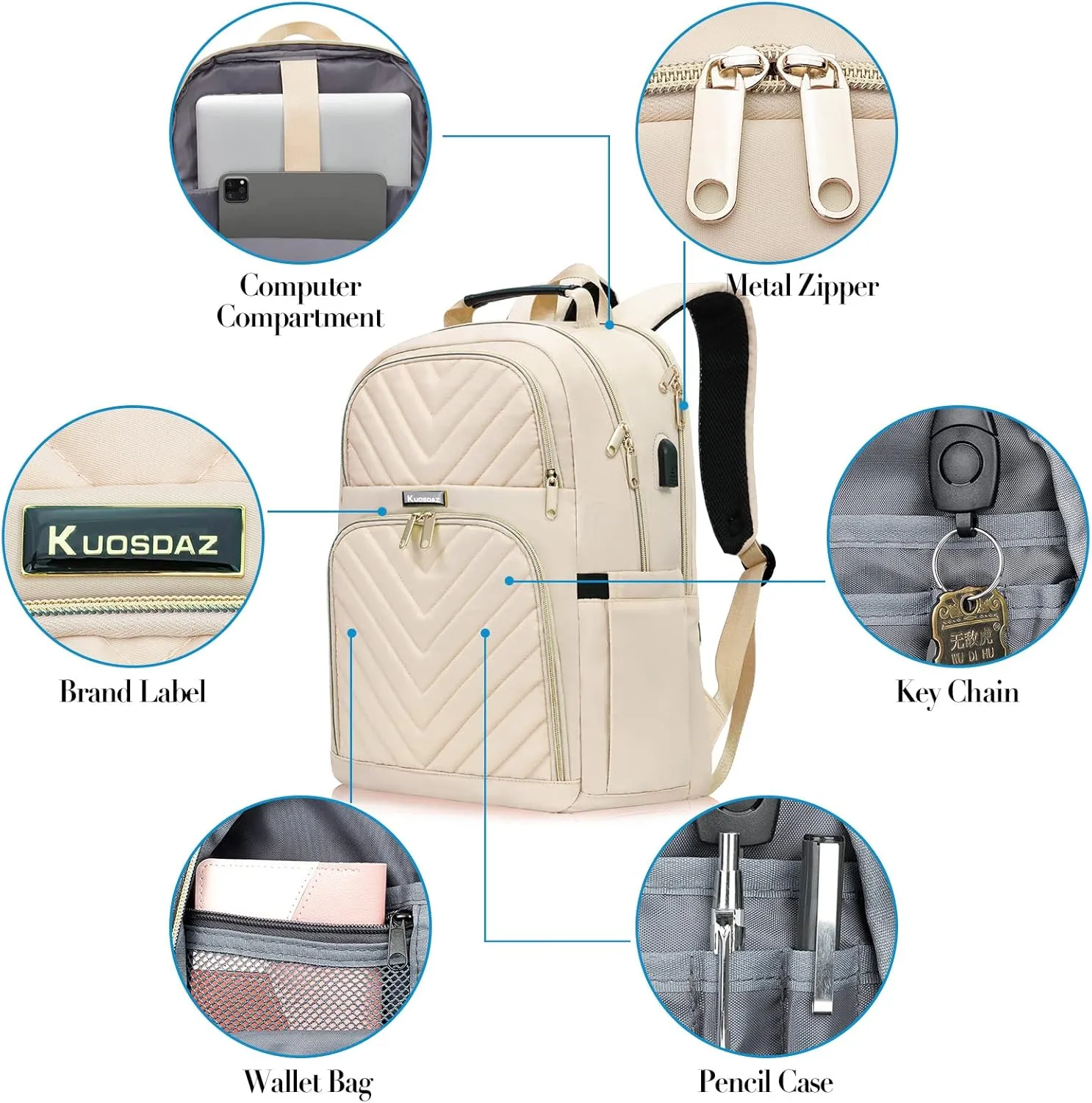 Travel Laptop Backpack for Women, 15.6 Inch Quilted Work Backpack Purse with USB Charging Port, School Backpack for Teens Girls Boys, Large Anti-theft Teacher Student Bookbags, Casual Daypacks, Beige