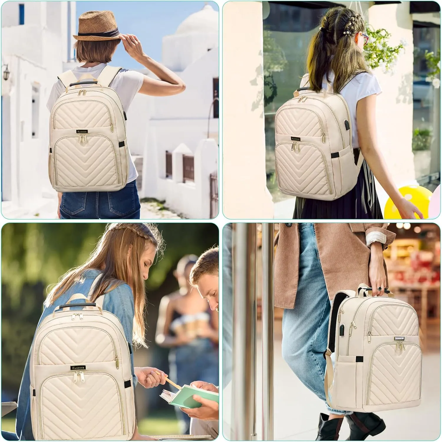 Travel Laptop Backpack for Women, 15.6 Inch Quilted Work Backpack Purse with USB Charging Port, School Backpack for Teens Girls Boys, Large Anti-theft Teacher Student Bookbags, Casual Daypacks, Beige