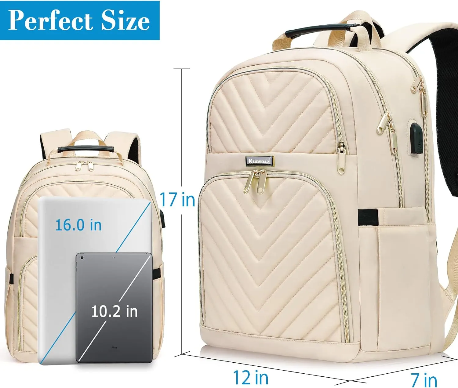 Travel Laptop Backpack for Women, 15.6 Inch Quilted Work Backpack Purse with USB Charging Port, School Backpack for Teens Girls Boys, Large Anti-theft Teacher Student Bookbags, Casual Daypacks, Beige