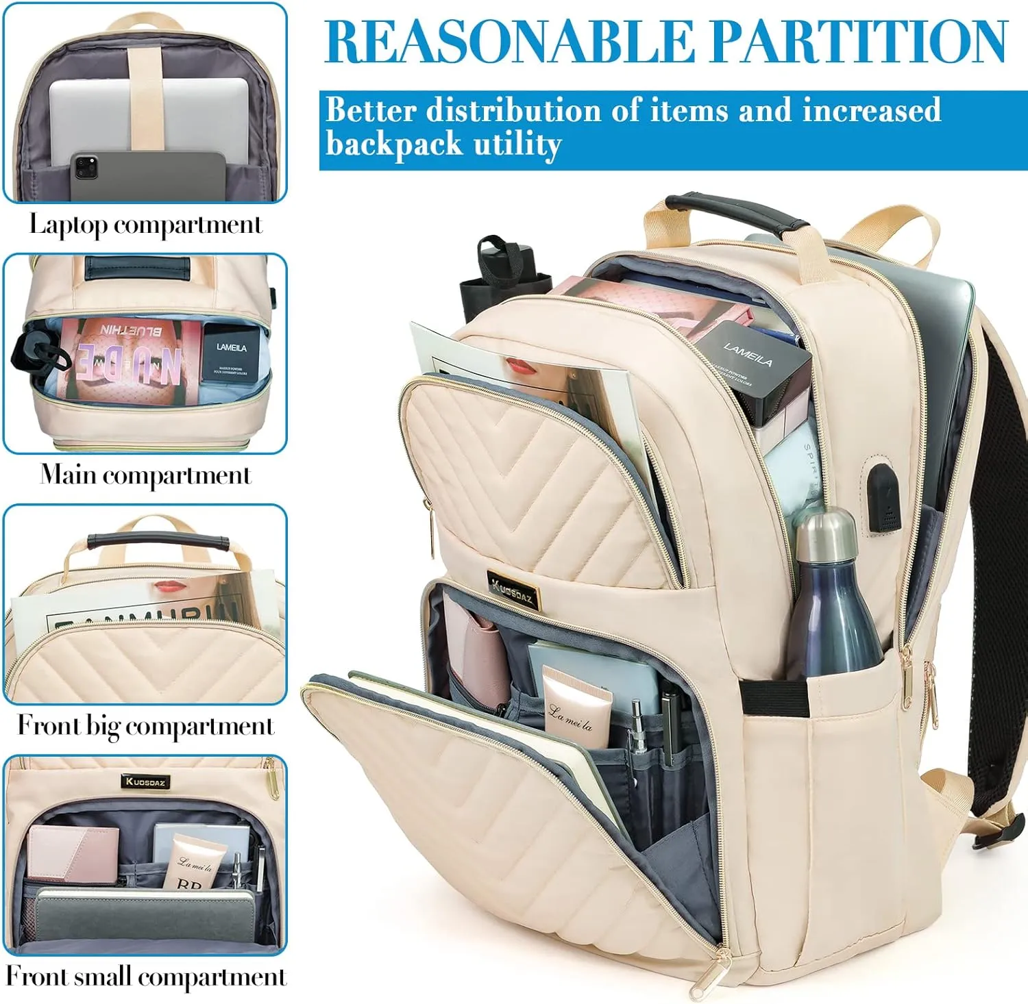 Travel Laptop Backpack for Women, 15.6 Inch Quilted Work Backpack Purse with USB Charging Port, School Backpack for Teens Girls Boys, Large Anti-theft Teacher Student Bookbags, Casual Daypacks, Beige
