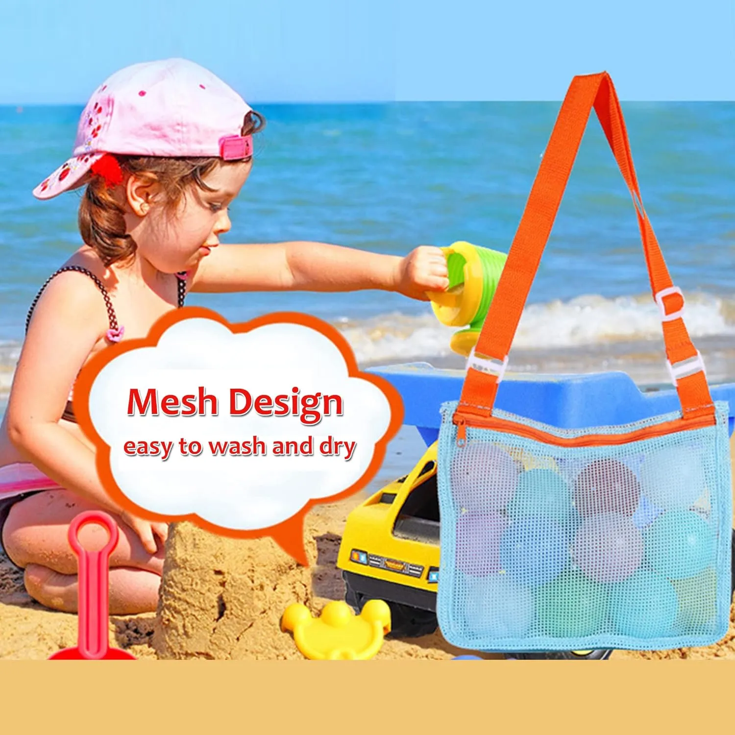 UTTPLL Colorful Mesh Beach Bag Adjustable Kids Quick Dry Net Tote for Seashell Collecting Sand Toy Swimming Accessories