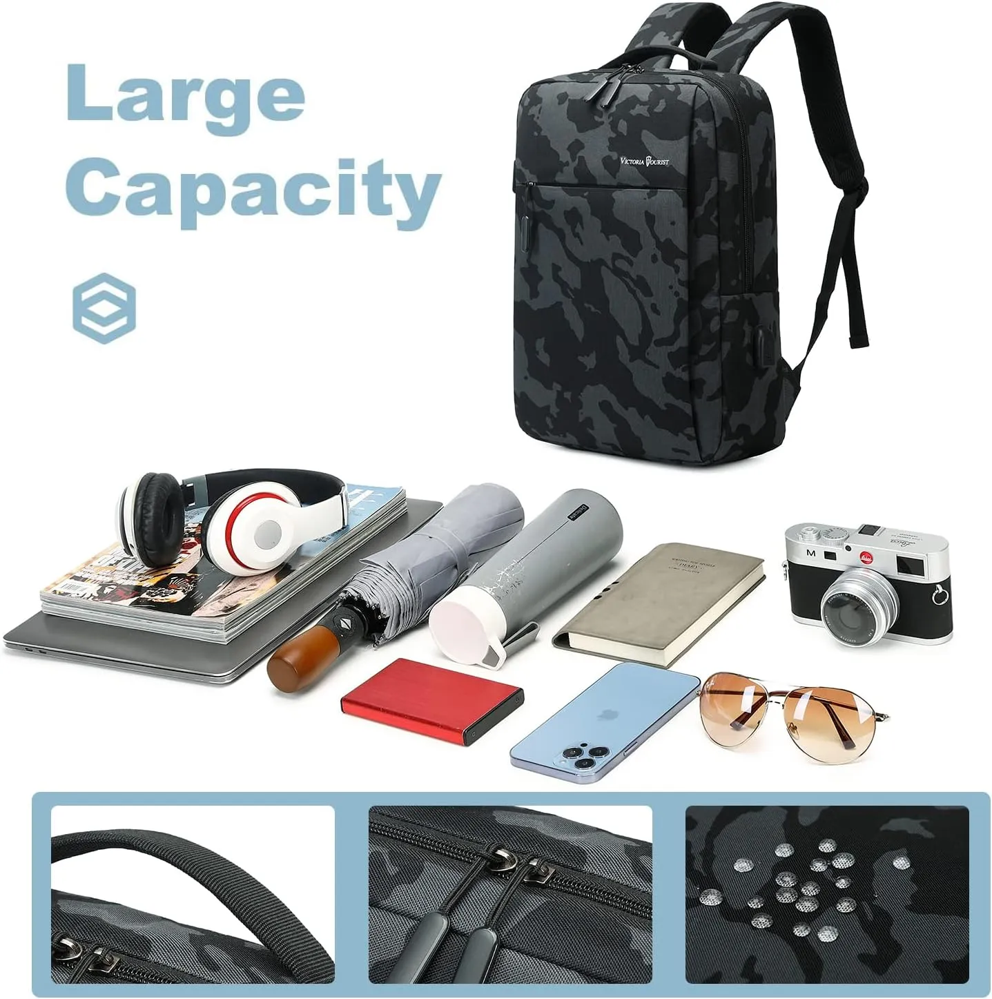 Victoriatourist Camo Backpack, Camouflage Travel Laptop Backpack, Lightweight Durable Laptop Bag with Charging Port Fashion Daypack for Men and Women Fit 15.6 Inch Laptop & ComputerCamo Blue