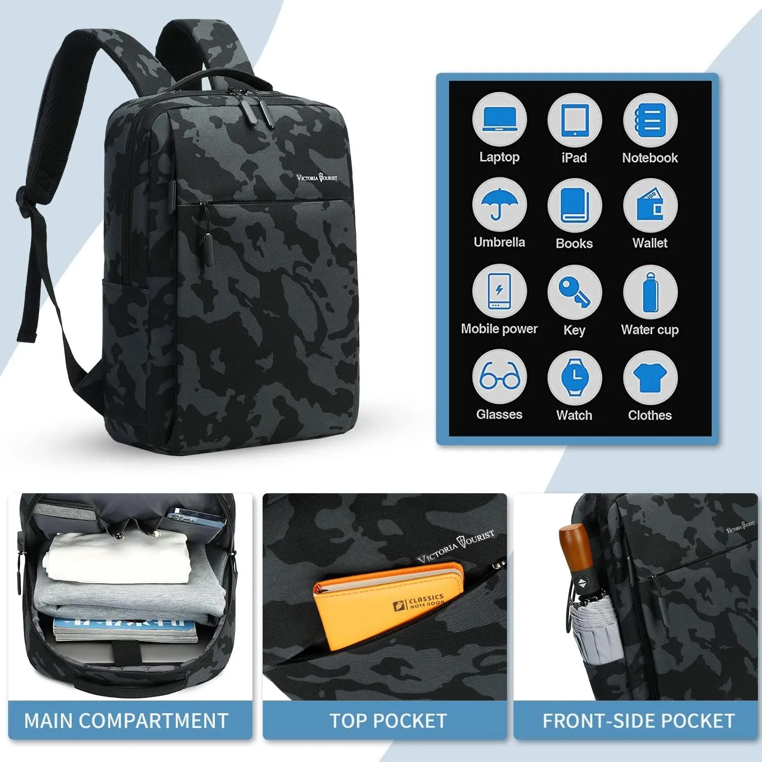 Victoriatourist Camo Backpack, Camouflage Travel Laptop Backpack, Lightweight Durable Laptop Bag with Charging Port Fashion Daypack for Men and Women Fit 15.6 Inch Laptop & ComputerCamo Blue