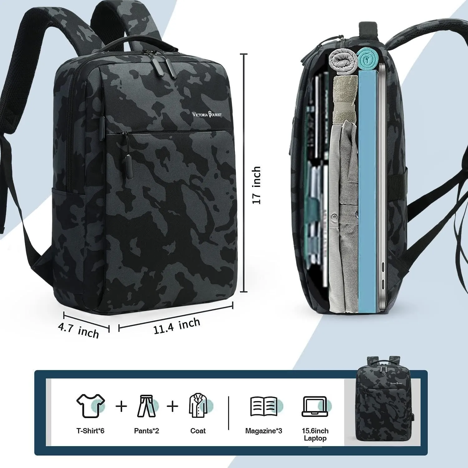 Victoriatourist Camo Backpack, Camouflage Travel Laptop Backpack, Lightweight Durable Laptop Bag with Charging Port Fashion Daypack for Men and Women Fit 15.6 Inch Laptop & ComputerCamo Blue