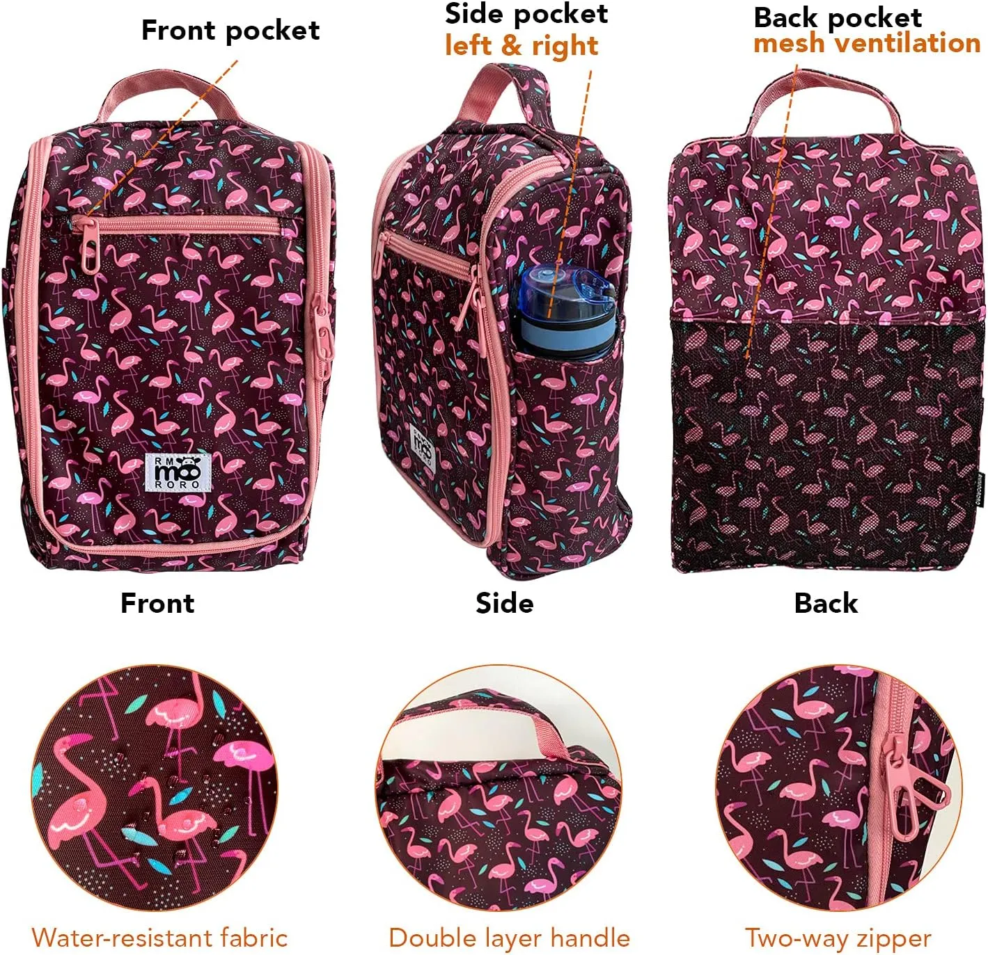 Water Resistant Shoe Bags With Zipper Pockets Large Size for Travel Sport Storage Packing Organizer Flamingos