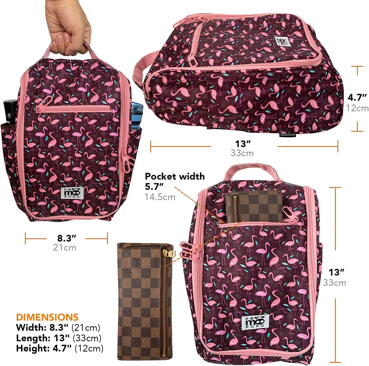 Water Resistant Shoe Bags With Zipper Pockets Large Size for Travel Sport Storage Packing Organizer Flamingos