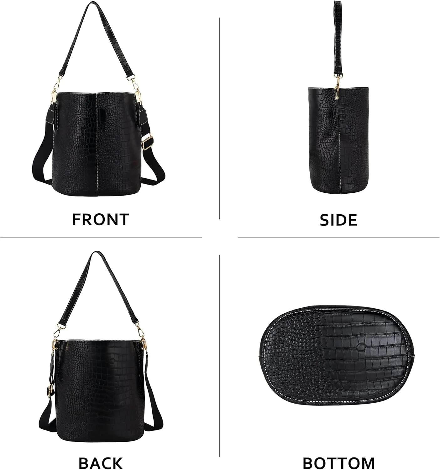 Women's Bucket Bag and Purses Crocodile Leather Crossbody Shoulder Handbags with 2 Straps Large Capacity Retro